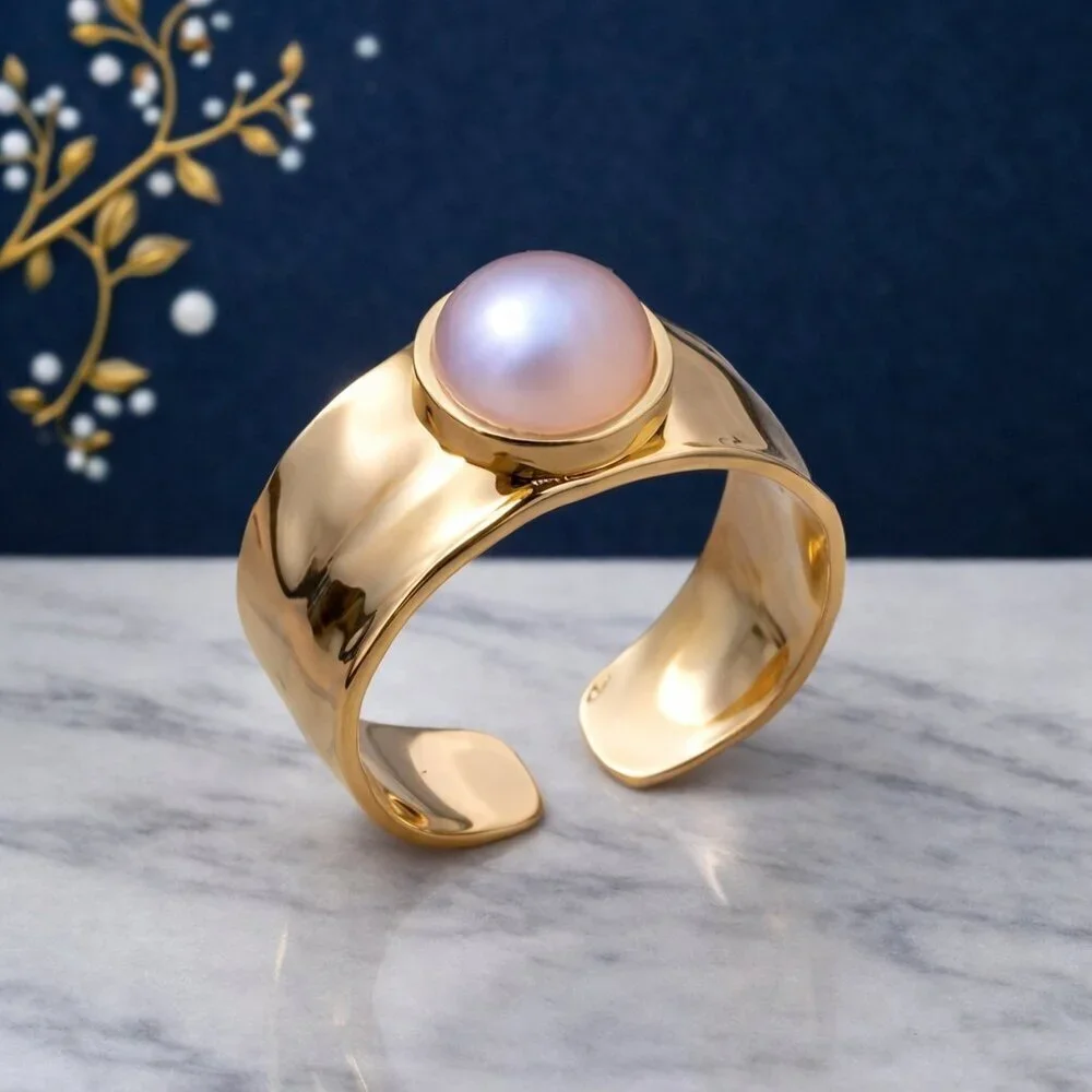 Celestial Statement Ring 18K Gold Plated Adjustable with Faux Pearl Glow - Picture 10 of 12
